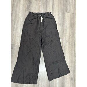 Zolena 100% Linen Charcoal Grey Paper bag WideLeg Pant Size S Draw Stretch Waist